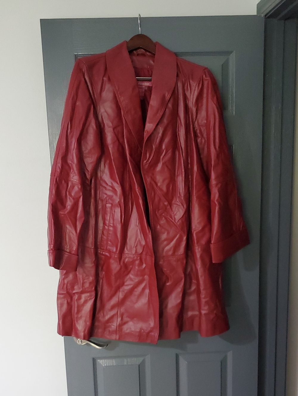 Woman Within Red Leather Long Coat Jacket